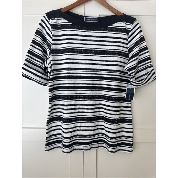 Karen Scott Women Short Sleeve Top Blouse T-Shirt Classic Black White Boat Neck - Picture 5 of 6